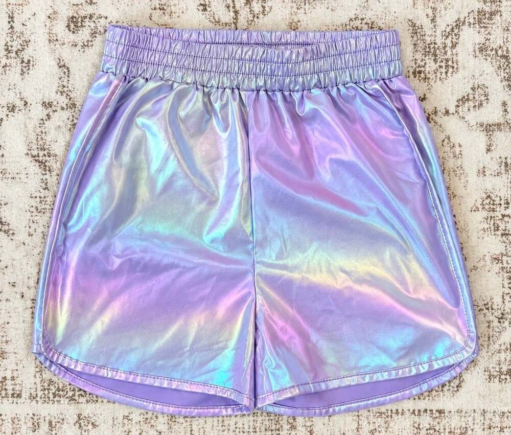 Girls Metallic Holographic Shiny Elastic Waist Shorts Purple Size 10Y